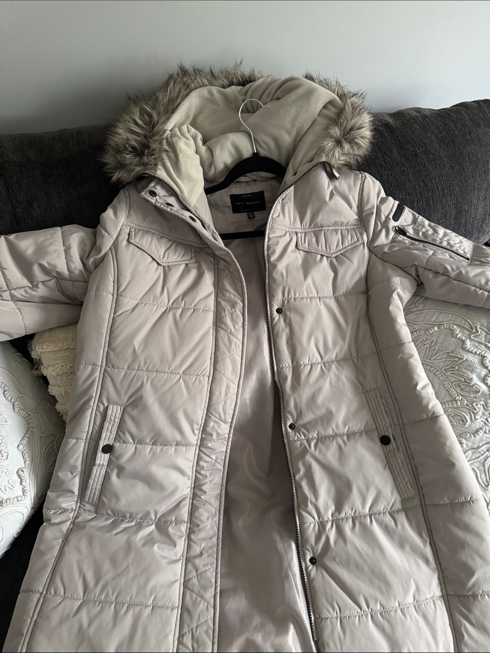 Long Hooded Puffer Coat with Faux-Fur Trim in Light Beige